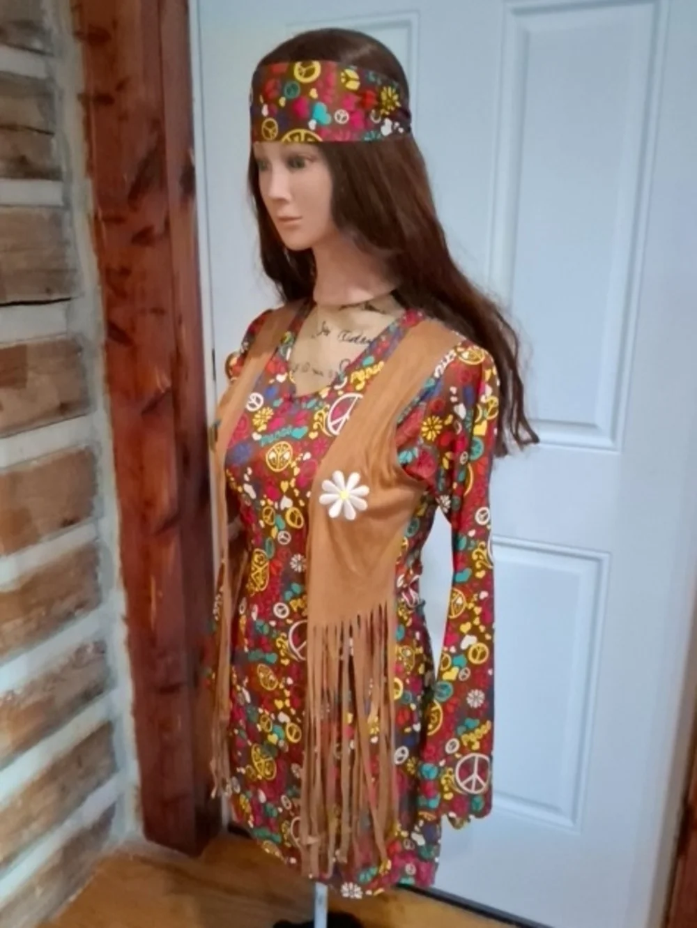Retro Peace Sign Print Mini Dress with Fringe Vest - Multicolor